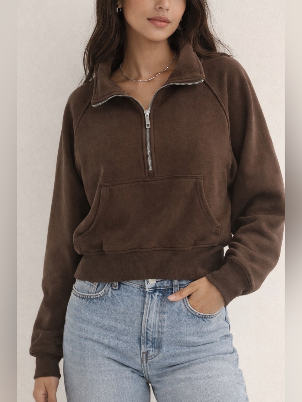 Cropped Brown Half-Zip Turtleneck Pullover